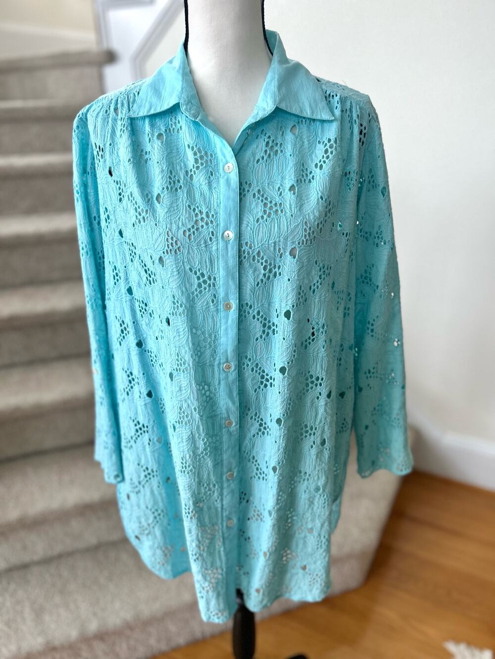 Amita Naithani Aqua Blue Floral Lace Button Down Shirt Swim Cover Up